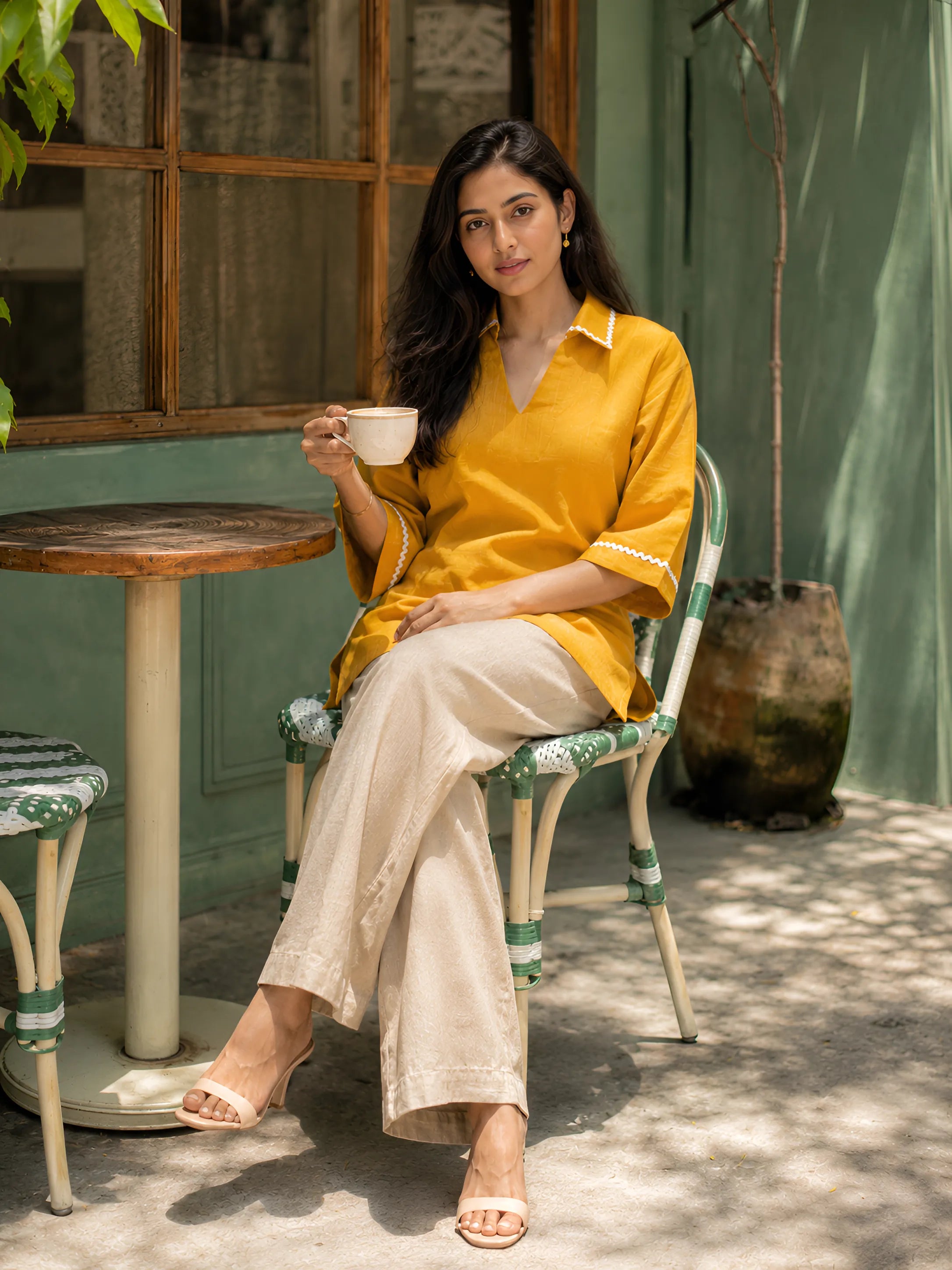 Mustard Yellow Short Kurti with Ricrac Lace in Poly Cotton