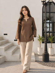 Brown Short Kurti with Wooden Button Detailing in Poly Cotton