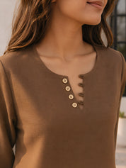 Brown Short Kurti with Wooden Button Detailing in Poly Cotton
