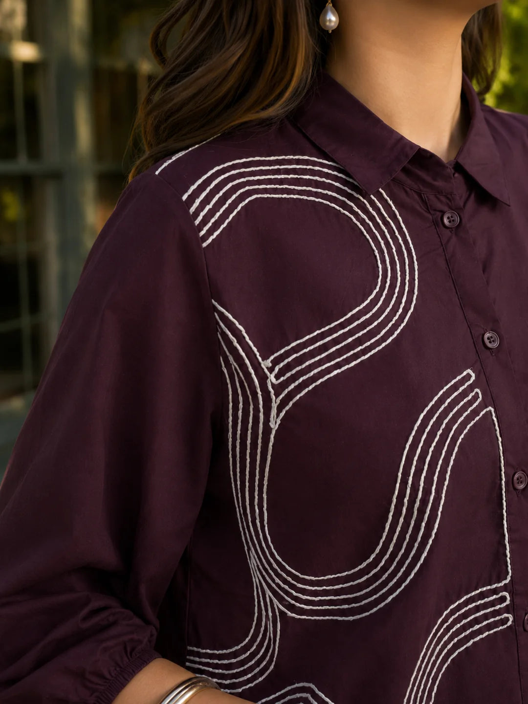 Maroon Cotton Poplin Shirt with Cord Embroidery