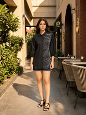 Black Cotton Poplin Shirt with Cord Embroidery