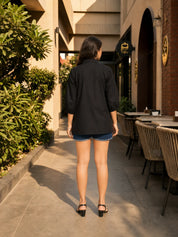 Black Cotton Poplin Shirt with Cord Embroidery