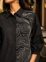 Black Cotton Poplin Shirt with Cord Embroidery