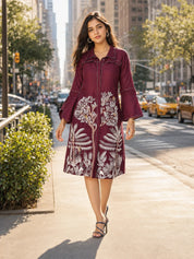 Purple Embroidered A Line Shirt Dress