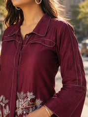 Purple Embroidered A Line Shirt Dress