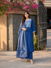 Dark Blue Dabu and Bagru Printed Kurta Set with Dupatta in Cotton