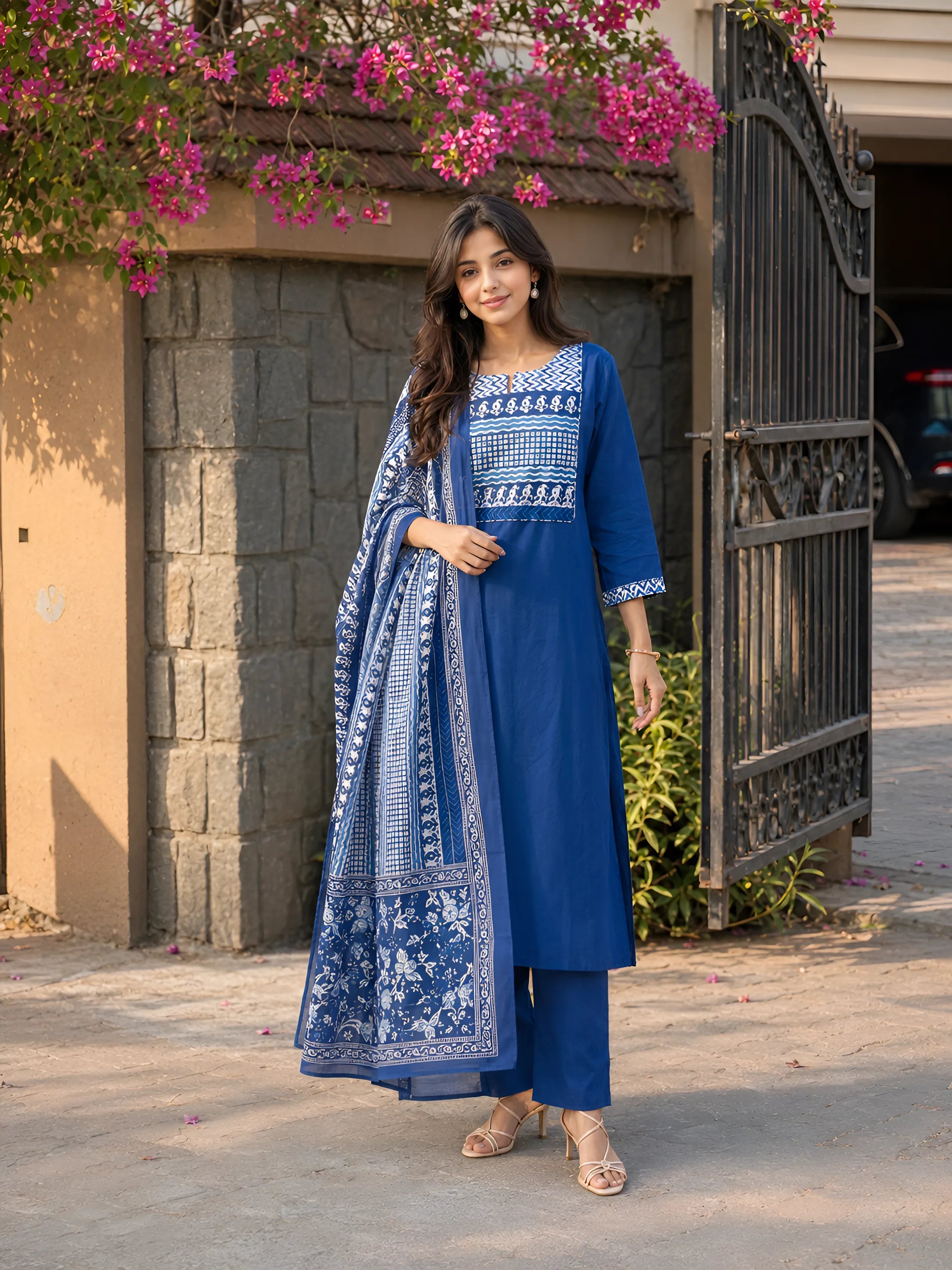 Dark Blue Dabu and Bagru Printed Kurta Set with Dupatta in Cotton