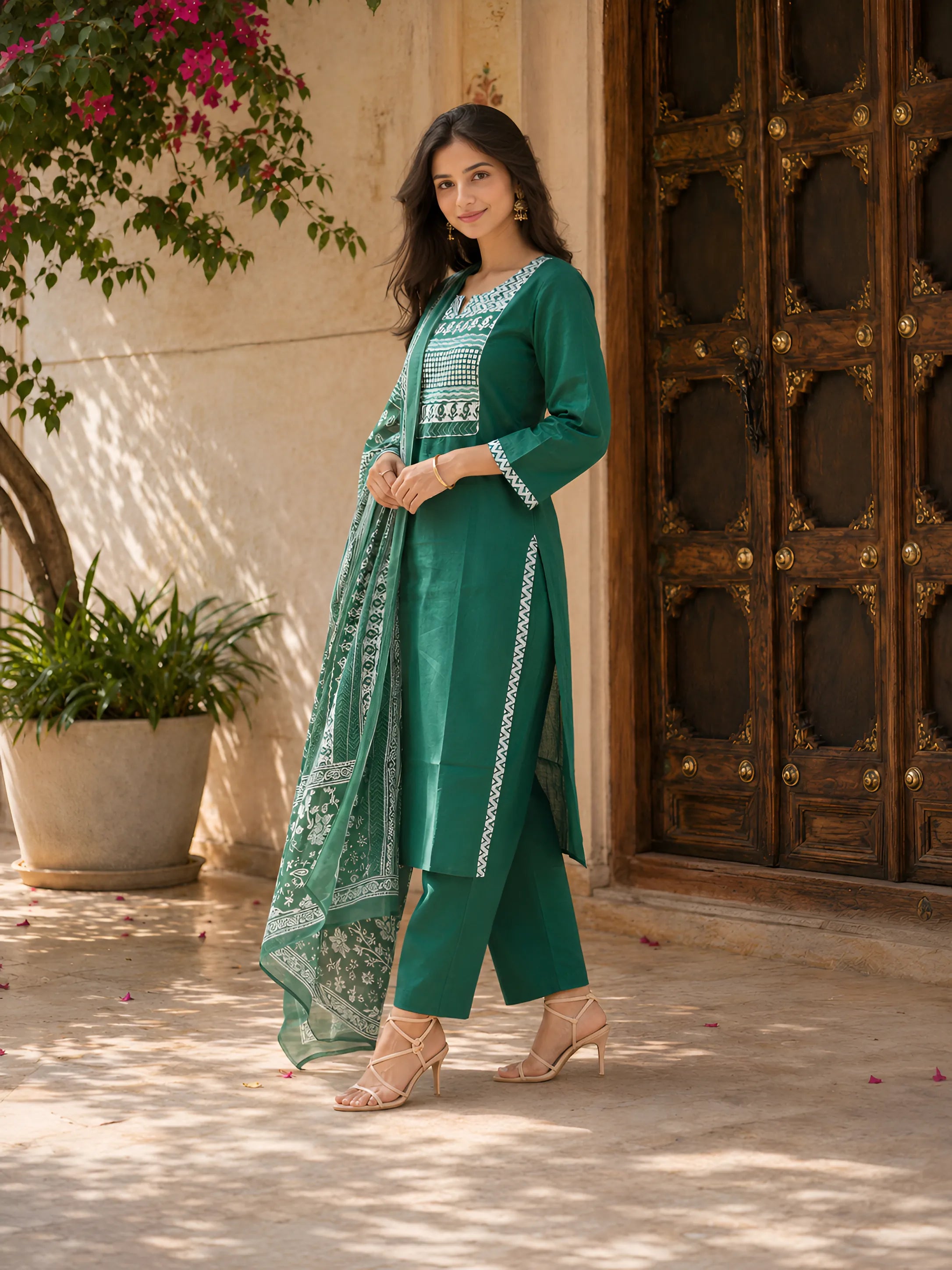 Emerald Green Dabu and Bagru Printed Kurta Set with Dupatta in Cotton