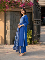 Dark Blue Dabu and Bagru Printed Kurta Set with Dupatta in Cotton