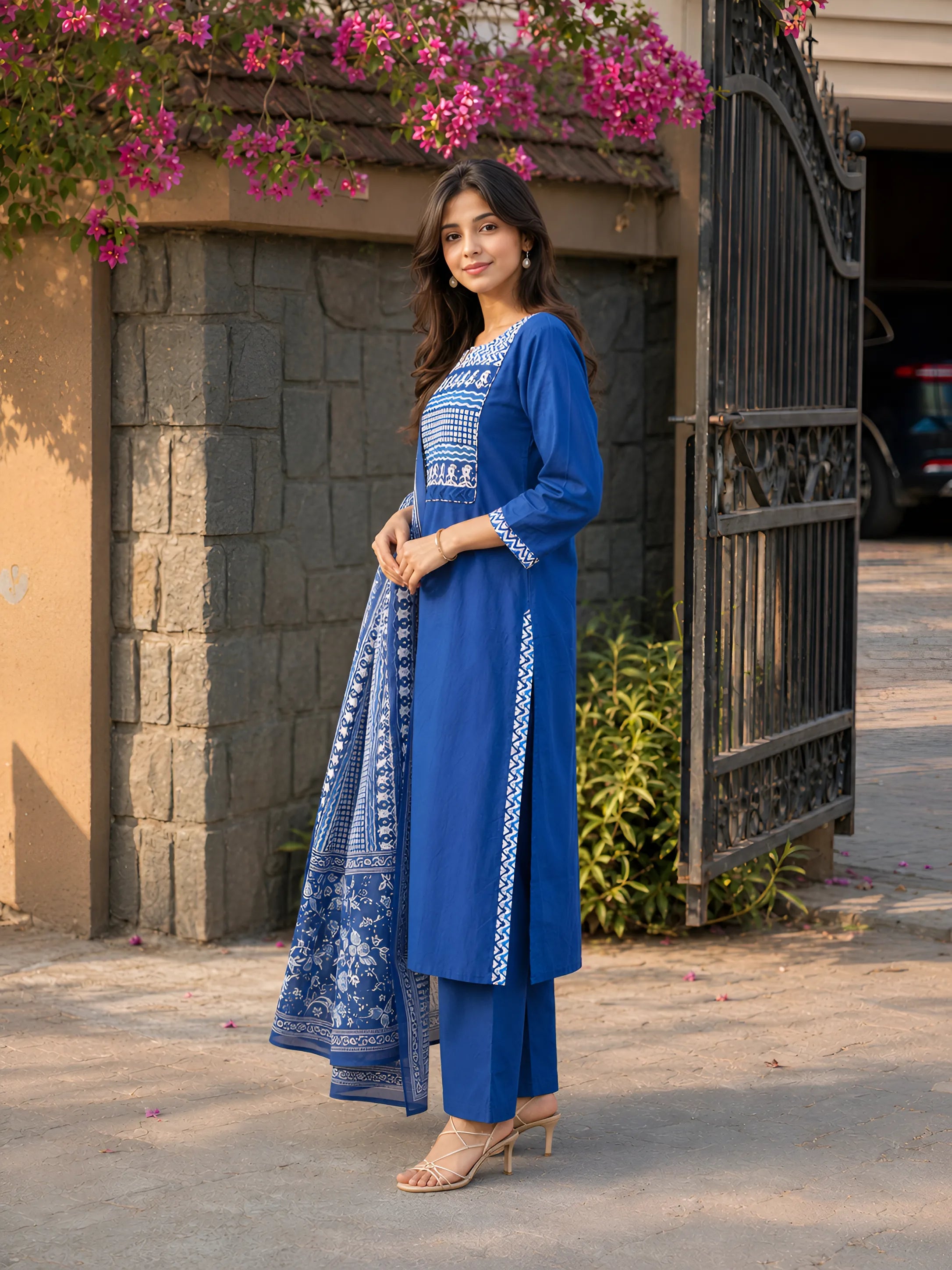 Dark Blue Dabu and Bagru Printed Kurta Set with Dupatta in Cotton