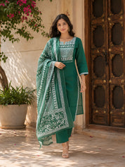 Emerald Green Dabu and Bagru Printed Kurta Set with Dupatta in Cotton