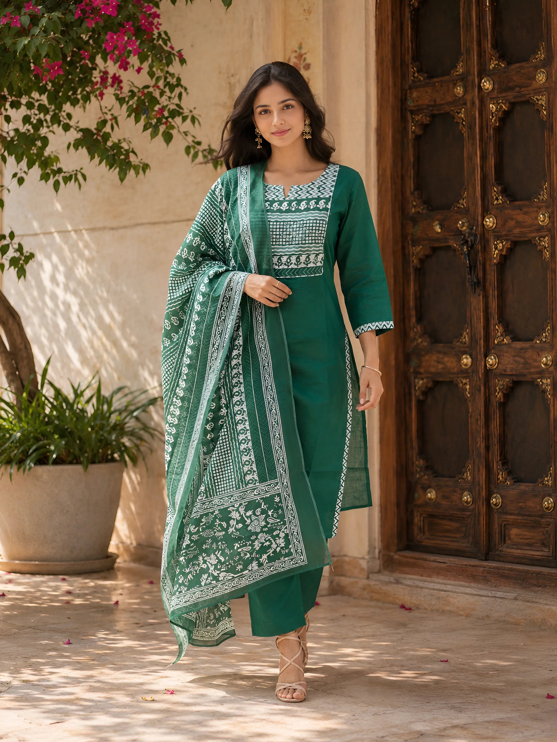 Emerald Green Dabu and Bagru Printed Kurta Set with Dupatta in Cotton
