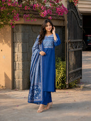 Dark Blue Dabu and Bagru Printed Kurta Set with Dupatta in Cotton