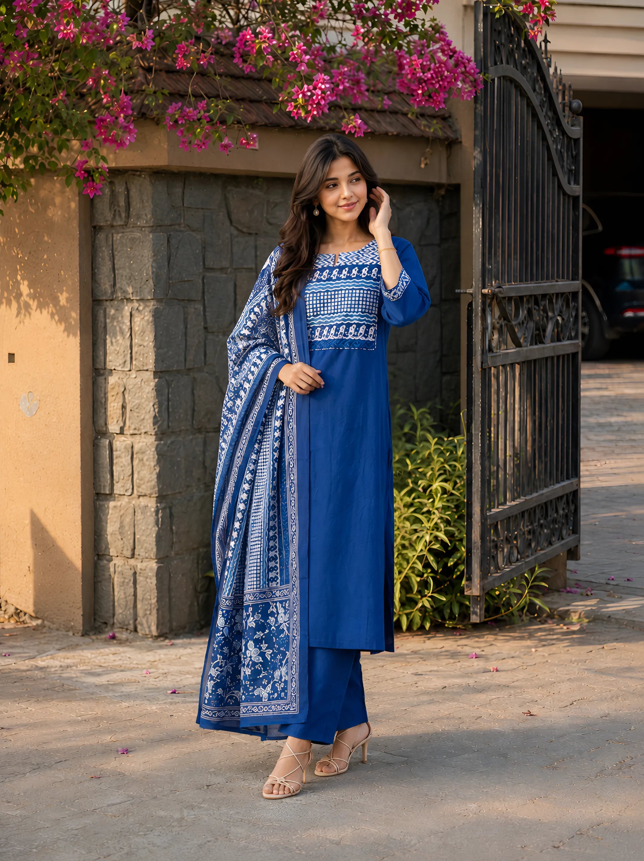 Dark Blue Dabu and Bagru Printed Kurta Set with Dupatta in Cotton