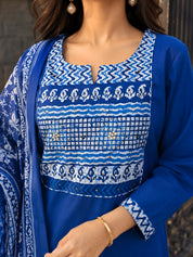Dark Blue Dabu and Bagru Printed Kurta Set with Dupatta in Cotton