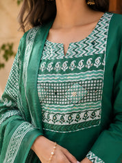Emerald Green Dabu and Bagru Printed Kurta Set with Dupatta in Cotton