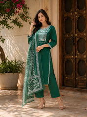 Emerald Green Dabu and Bagru Printed Kurta Set with Dupatta in Cotton