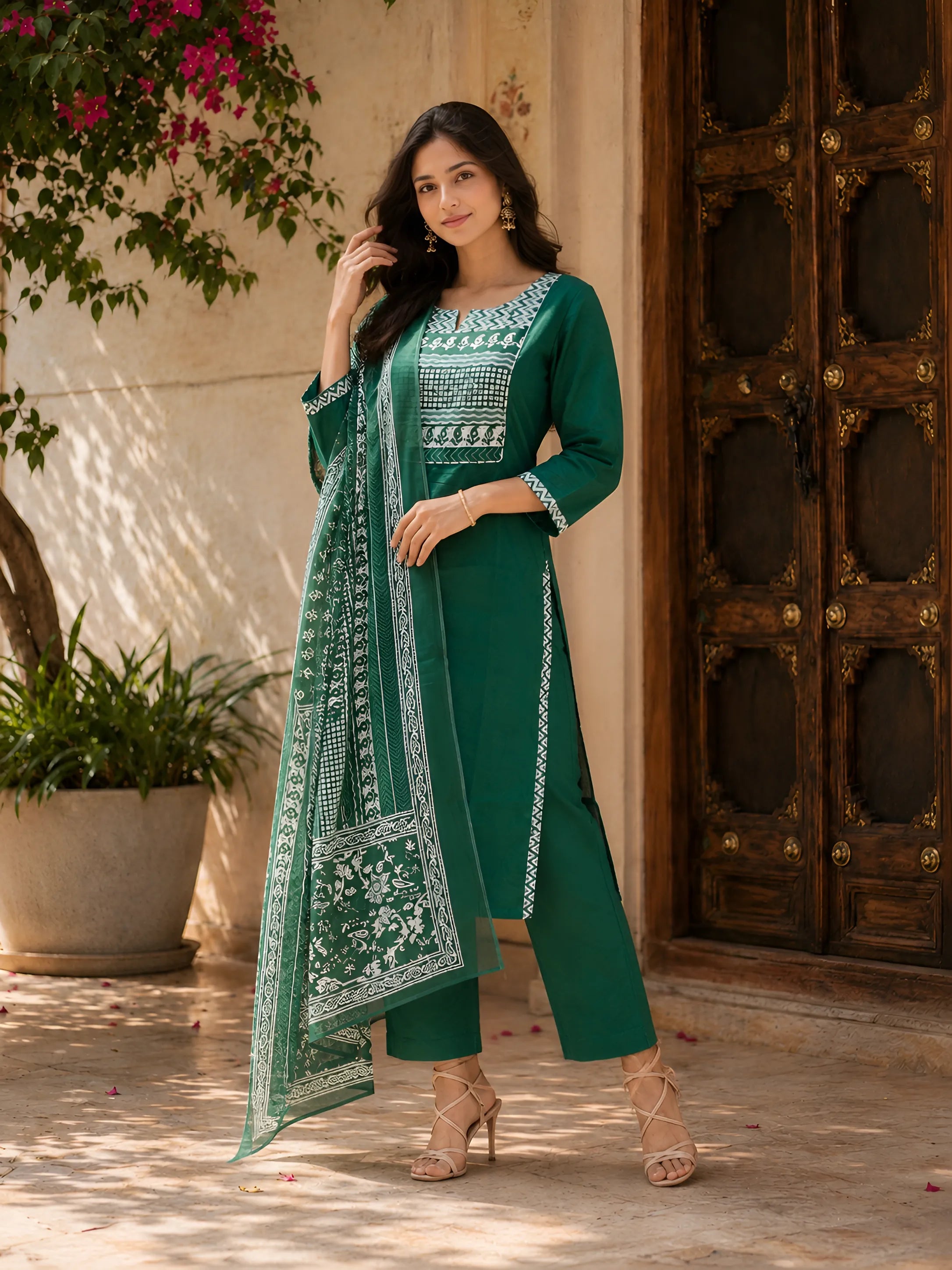 Emerald Green Dabu and Bagru Printed Kurta Set with Dupatta in Cotton