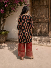 Black and Red Floral Yoke Printed Kurta Set in Cotton