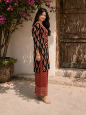 Black and Red Floral Yoke Printed Kurta Set in Cotton