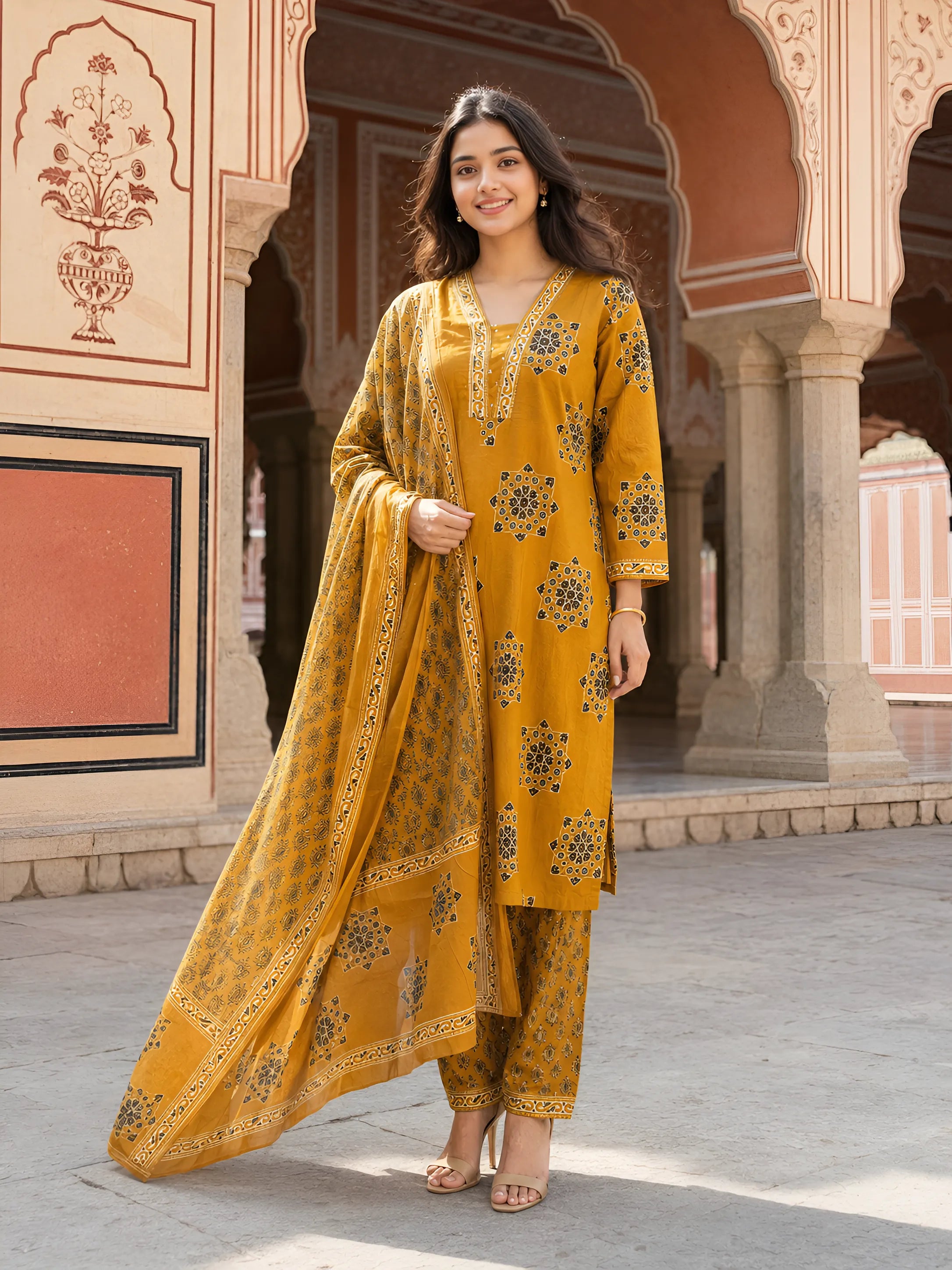 Mustard Yellow Paisley Printed Kurta Set with Dupatta in Cotton