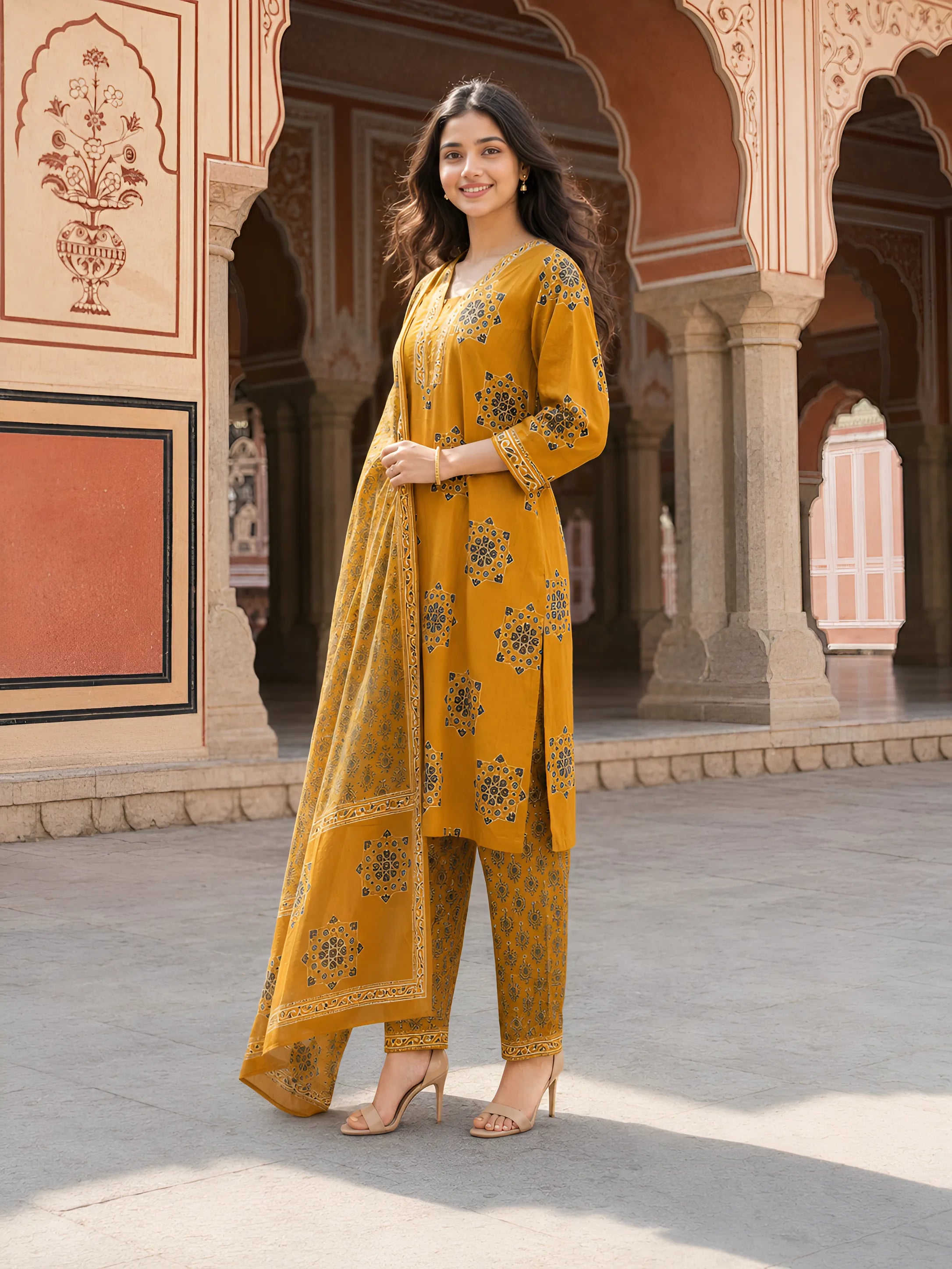 Mustard Yellow Paisley Printed Kurta Set with Dupatta in Cotton