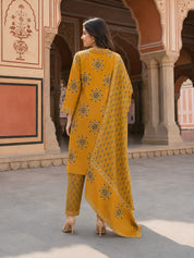 Mustard Yellow Paisley Printed Kurta Set with Dupatta in Cotton