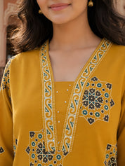 Mustard Yellow Paisley Printed Kurta Set with Dupatta in Cotton