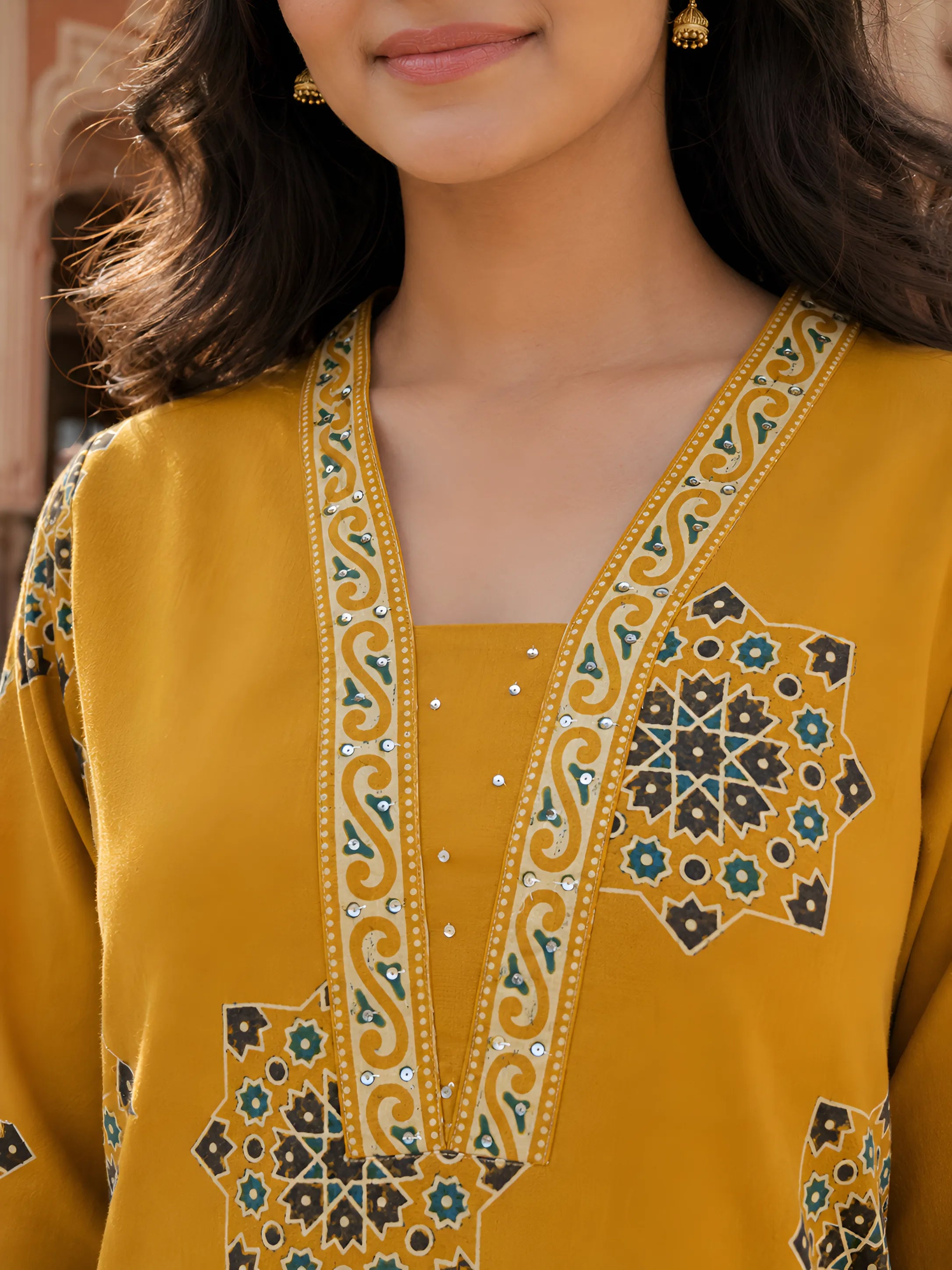Mustard Yellow Paisley Printed Kurta Set with Dupatta in Cotton