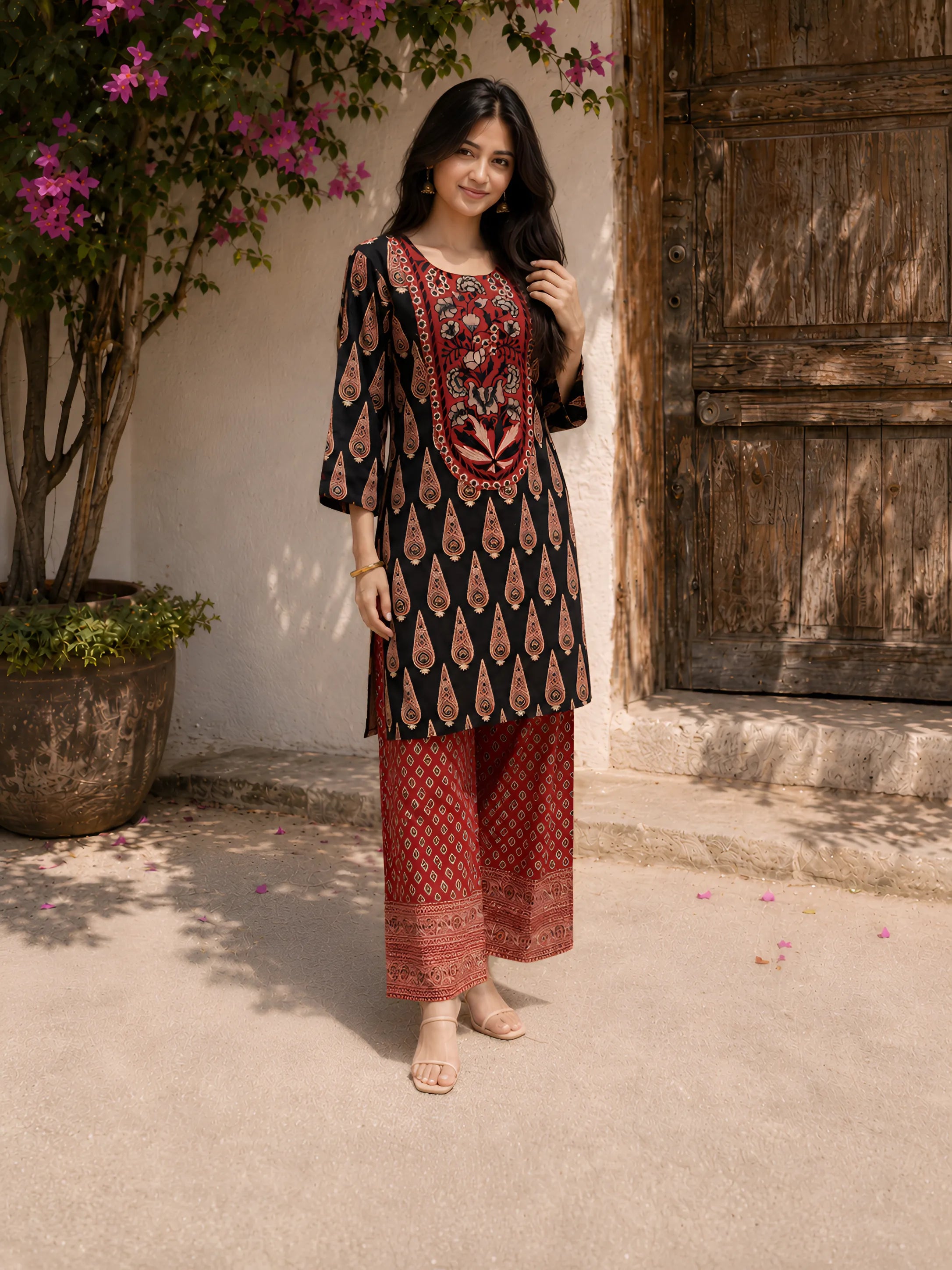 Black and Red Floral Yoke Printed Kurta Set in Cotton