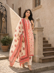Beige and Peach Floral Jaal Printed Kurta Set with Dupatta in Cotton