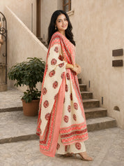 Beige and Peach Floral Jaal Printed Kurta Set with Dupatta in Cotton