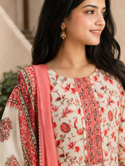 Beige and Peach Floral Jaal Printed Kurta Set with Dupatta in Cotton