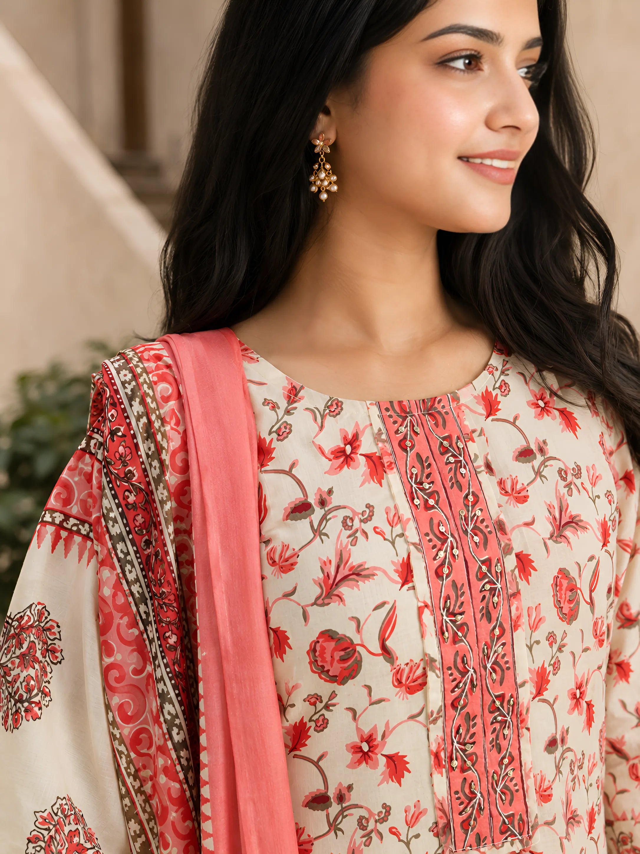 Beige and Peach Floral Jaal Printed Kurta Set with Dupatta in Cotton
