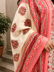Beige and Peach Floral Jaal Printed Kurta Set with Dupatta in Cotton