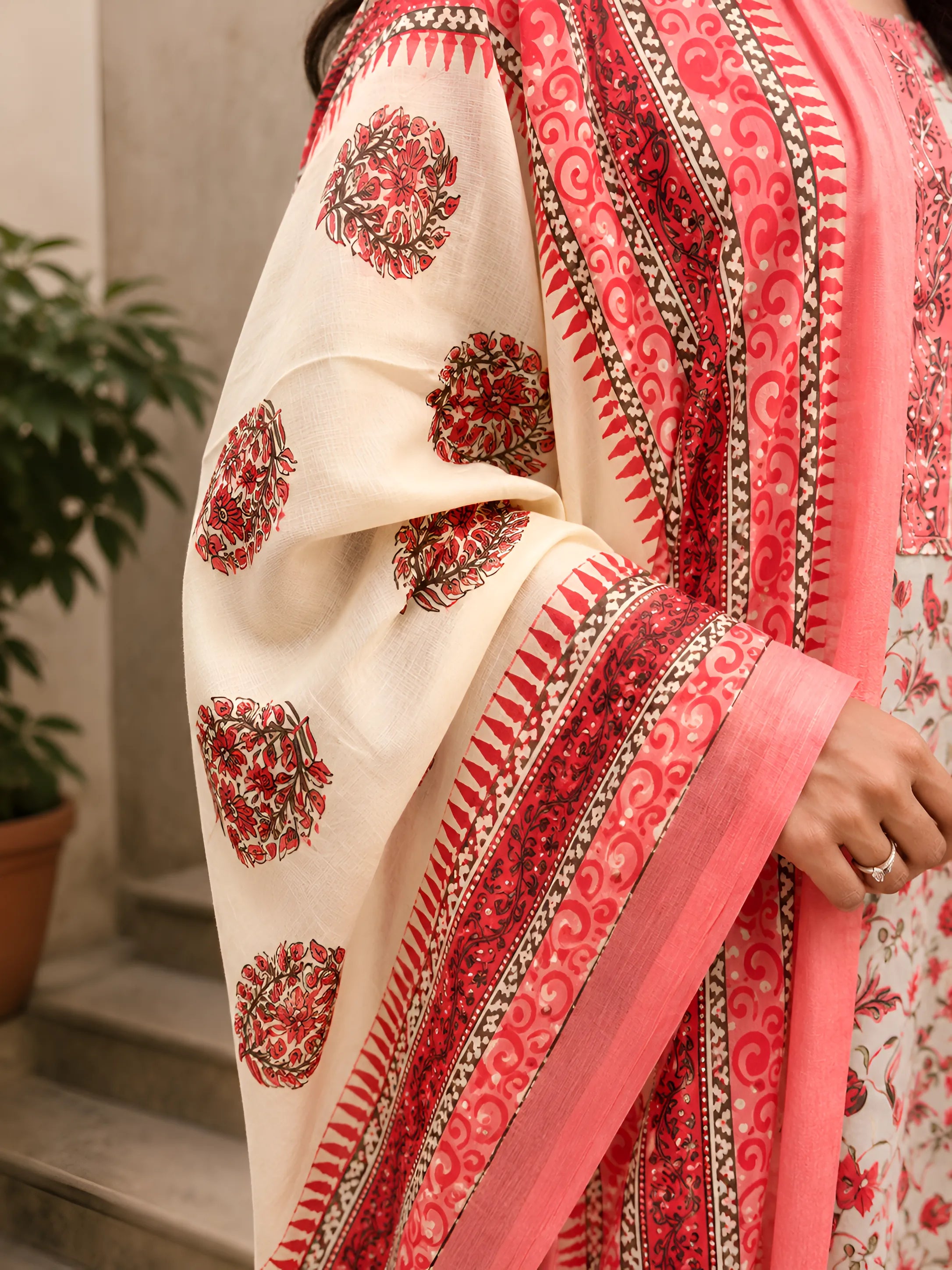 Beige and Peach Floral Jaal Printed Kurta Set with Dupatta in Cotton