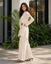 Beige Co-ord Set with Coconut Tree Embroidery in Rayon Flex
