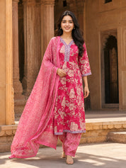 Barbie Pink Tie-Dye Floral Printed Kurta Set with Dupatta in Cotton