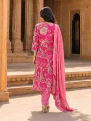 Barbie Pink Tie-Dye Floral Printed Kurta Set with Dupatta in Cotton