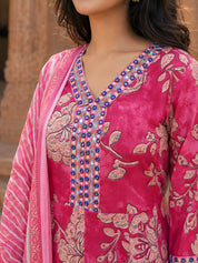 Barbie Pink Tie-Dye Floral Printed Kurta Set with Dupatta in Cotton