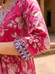 Barbie Pink Tie-Dye Floral Printed Kurta Set with Dupatta in Cotton