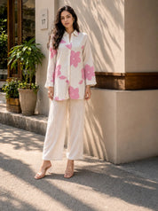 Beige Co-ord Set with Pink Floral Embroidery Rayon Flex