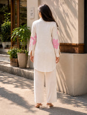 Beige Co-ord Set with Pink Floral Embroidery Rayon Flex