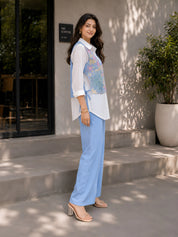 White Shirt with Sky Blue Base Floral Embroidered Vest & Sky Blue Straight Pants