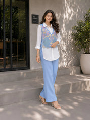 White Shirt with Sky Blue Base Floral Embroidered Vest & Sky Blue Straight Pants