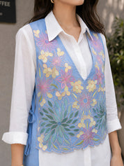 White Shirt with Sky Blue Base Floral Embroidered Vest & Sky Blue Straight Pants