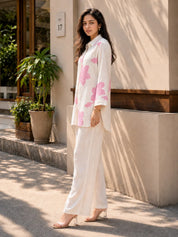 Beige Co-ord Set with Pink Floral Embroidery Rayon Flex
