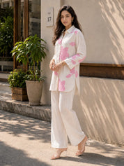 Beige Co-ord Set with Pink Floral Embroidery Rayon Flex