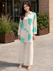 Beige Co-ord Set with Turquoise Floral Embroidery Rayon Flex