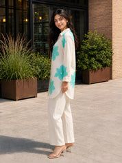 Beige Co-ord Set with Turquoise Floral Embroidery Rayon Flex
